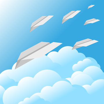 blue sky clouds paper airplane background