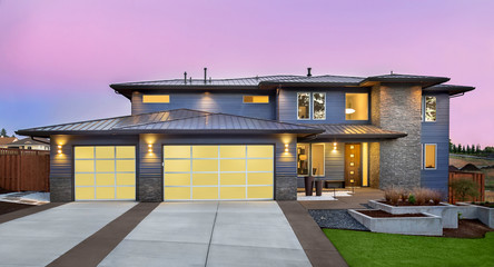 Beautiful Home Exterior at Sunset