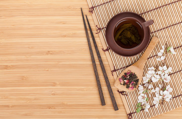 Fototapeta na wymiar Japanese green tea and sakura branch