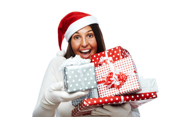 Excited Christmas woman giving present