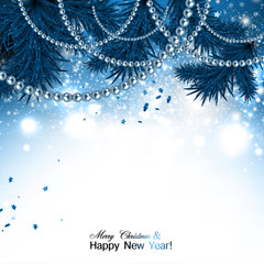 Elegant christmas background with blue garland and stars. Vector