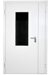 White reinforced steel door with glass, isolated over white back