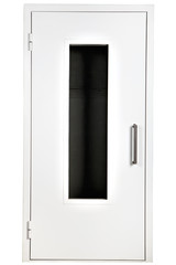 White steel door with glass, isolated over white background.