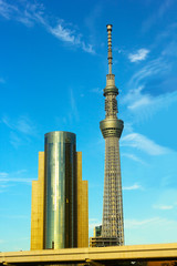 Naklejka premium Tokyo Sky Tower and Asahi Beer Hall building in Tokyo, Japan.