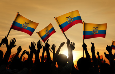 Silhouettes of People Holding Flag of Ecuador