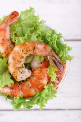 Fresh boiled prawns with lettuce in a goblet