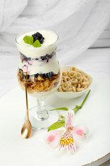 Natural yogurt with fresh berries on wooden table