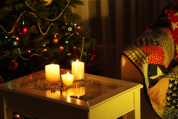 Cozy Christmas interior with decorated Christmas tree