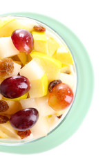 Healthy breakfast - yogurt with  fresh grape and apple slices