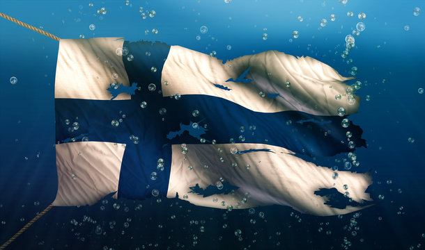 Finland Under Water Sea Flag National Torn Bubble 3D