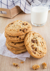 Chocolate chip cookie with almond and milk glass