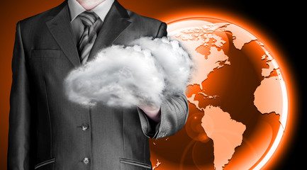 Cloud computing concept, close up of young businessman