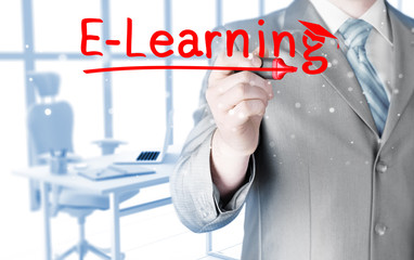 business man writing e-learning concept