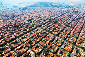 Aerial view of Barcelona cityscape from helicopter
