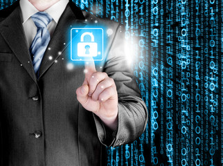 Businessman touch lock on world map  background