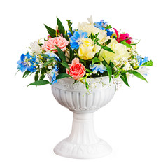 Bouquet from flowers in vase isolated on white background.