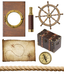 nautical objects set isolated: ship window or porthole, old trea
