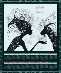 Calendar for 2015 year with a goat and Zodiac sign aquarius. fas