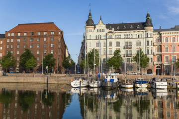 Naklejka premium Helsinki, Finland. Yachts in the harbor and embankment