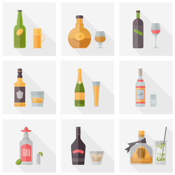 Various alcoholic beverages flat icons