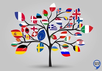 Leaf flags of europe in tree design. Vector illustration. - obrazy, fototapety, plakaty