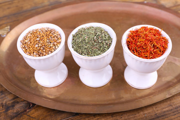 Small round tea bowls with different seasoning