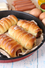 Baked sausage rolls in pan on table close-up