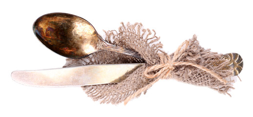 Old vintage silverware, isolated on white