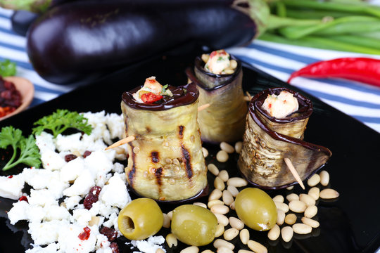 Fried aubergine with cottage cheese
