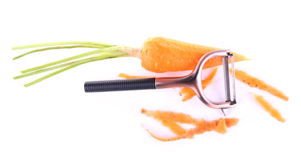 Carrots and vegetable knife isolated on white