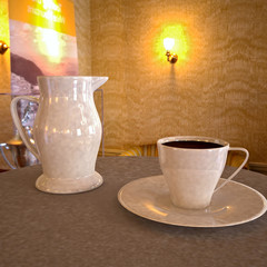 Cup of coffee and coffee pot in the interior.