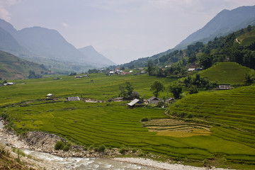 Paddy fields and villages in a valley in northern Vietnam