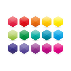 Set of rainbow colored flat geometric hexagon gem pieces.