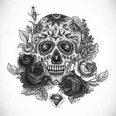 Monochrome Skull, diamond and Flowers Card