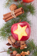red apple and christmas decoration