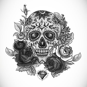 Monochrome Skull, diamond and Flowers Card