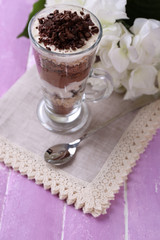 Yogurt, with chocolate cream, chopped chocolate and muesli