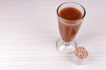 Whey protein powder and chocolate protein shake