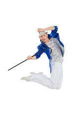 Man dancer in the blue sparkle suit and white trousers jumping