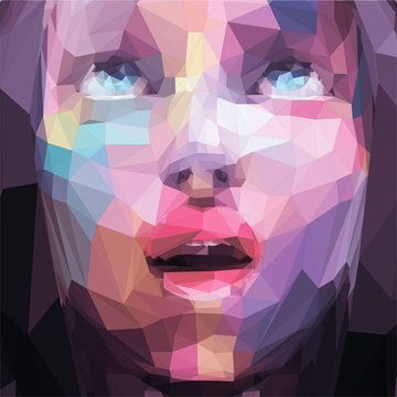 Abstract low poly, pop art portrait girl looking up