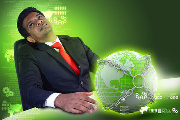 Business man with earth globe close in chain
