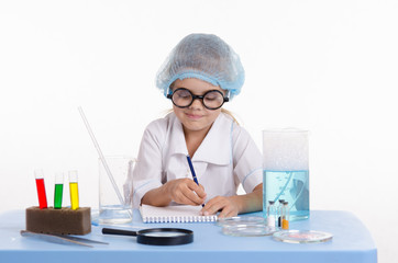Chemist writing in a notebook the experimental results