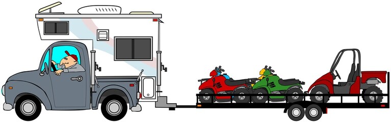 Fototapeta premium Truck with camper towing ATV's