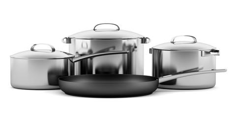 four cooking pans isolated on white background