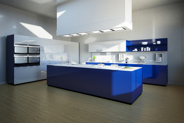 Kücheninsel in moderner Küche in blau