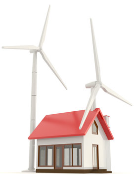 3D wind turbine providing clean energy for a little house with w