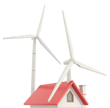 3D wind turbine providing clean energy into a little house roof