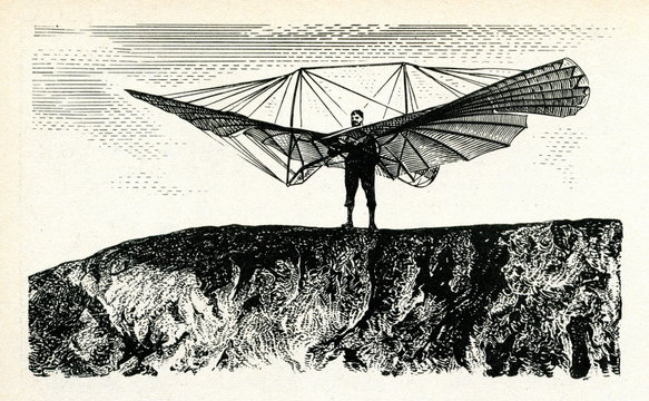 Lilienthal preparing for a Small Ornithopter flight,