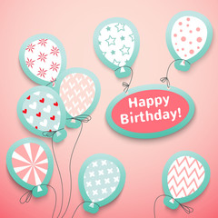 Happy birthday retro postcard with pattern balloons