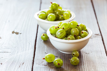 Green gooseberries in a aluminum bowl